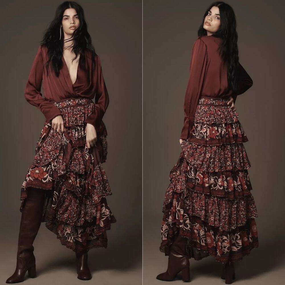 Farm Rio Chelsea Garden Ruffle Midi Skirt